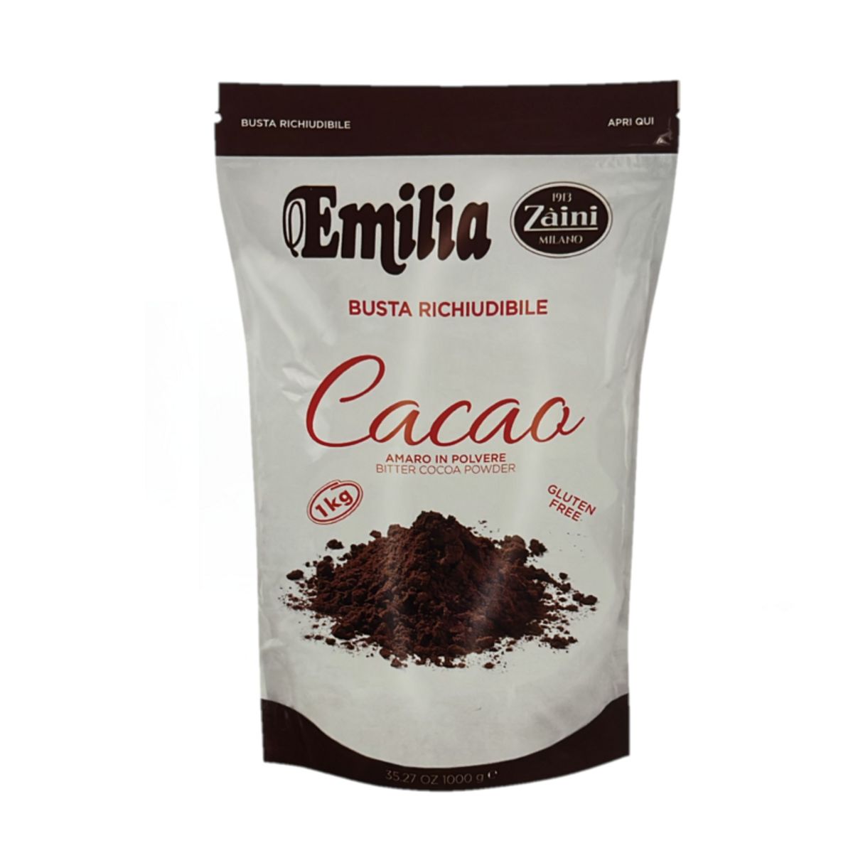 Emilia Bitter Cocoa Powder 1 kg – Gluten Free – Resealable Bag Zaini Milano