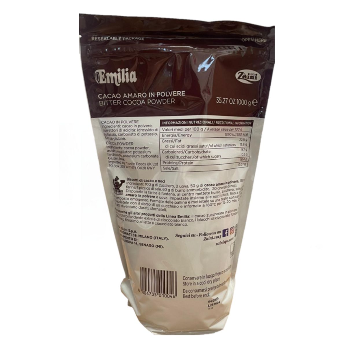 Emilia Bitter Cocoa Powder 1 kg – Gluten Free – Resealable Bag Zaini Milano