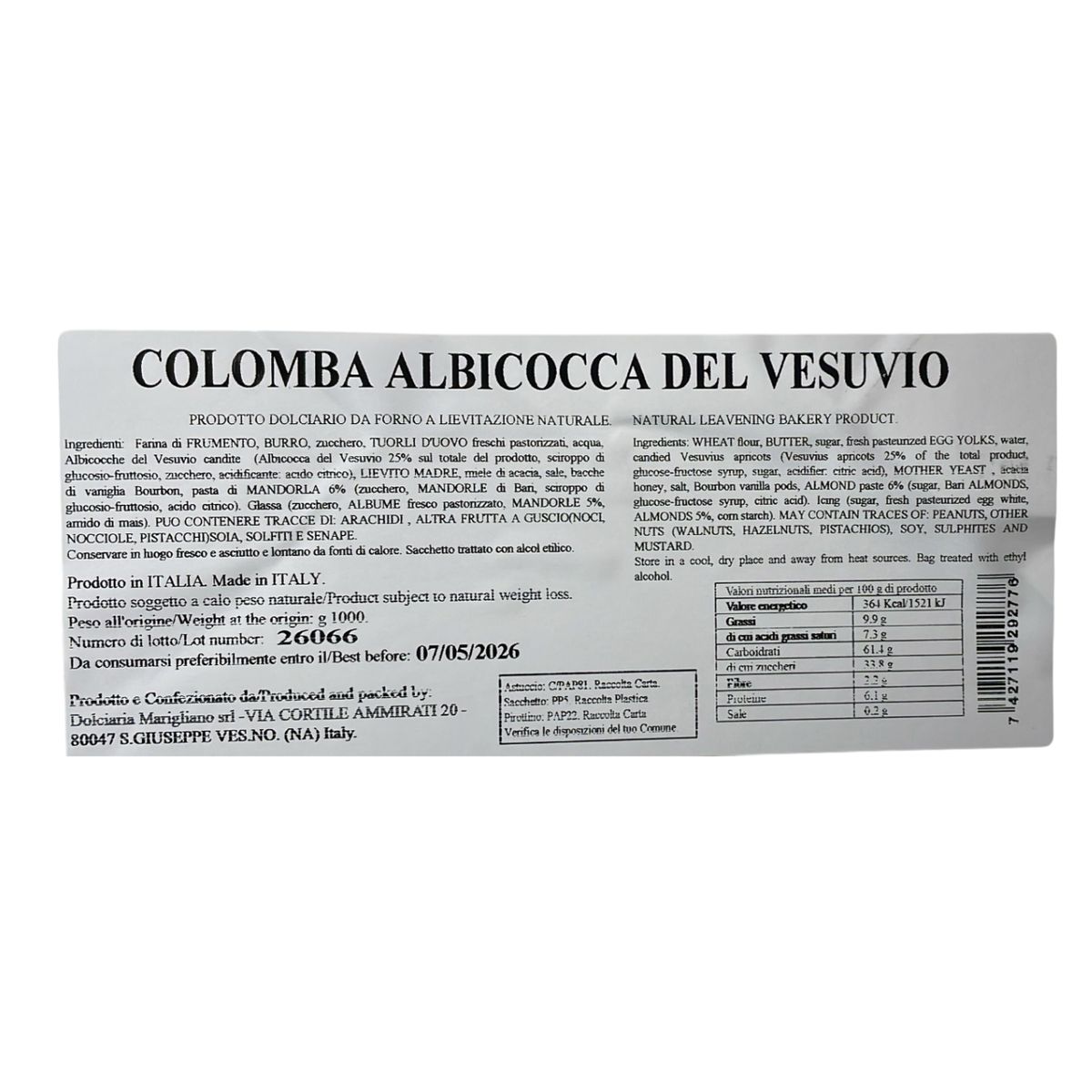 iMarigliano Artisanal Colomba with Vesuvius Apricots, 1 kg