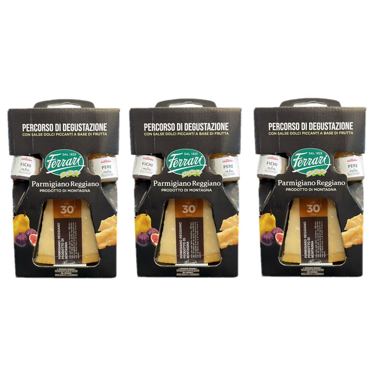 Ferrari Parmigiano Reggiano Käse, über 30 Monate gereift, mit Feigen- und Birnenmarmelade, 300 g - 3 Stück