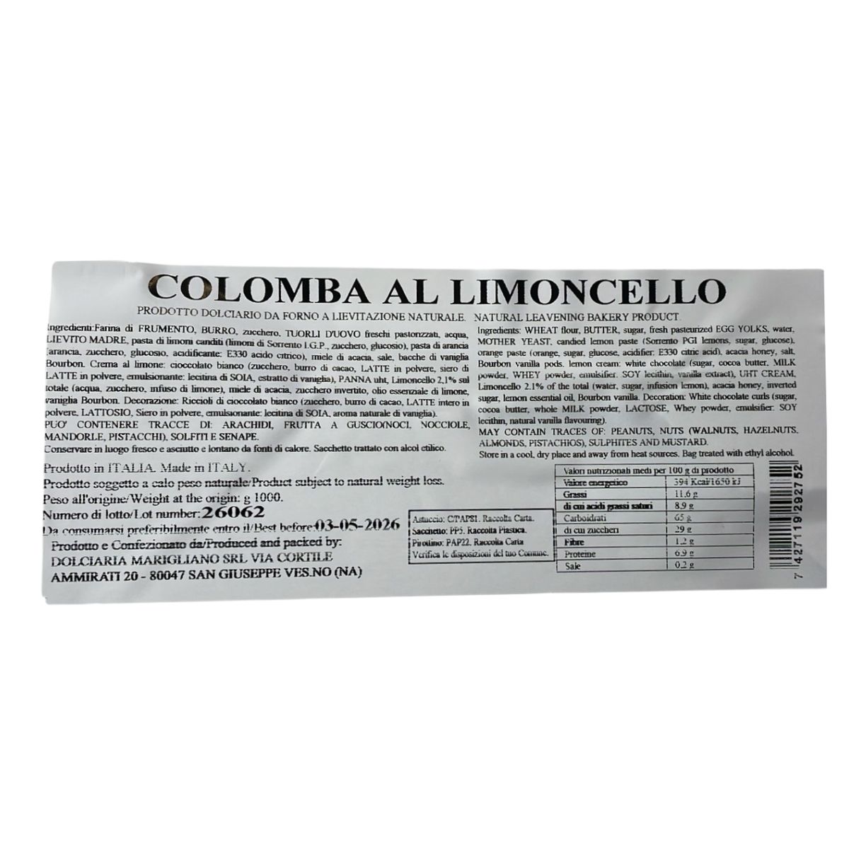 iMarigliano Artisanal Colomba Limoncello 1 Kg