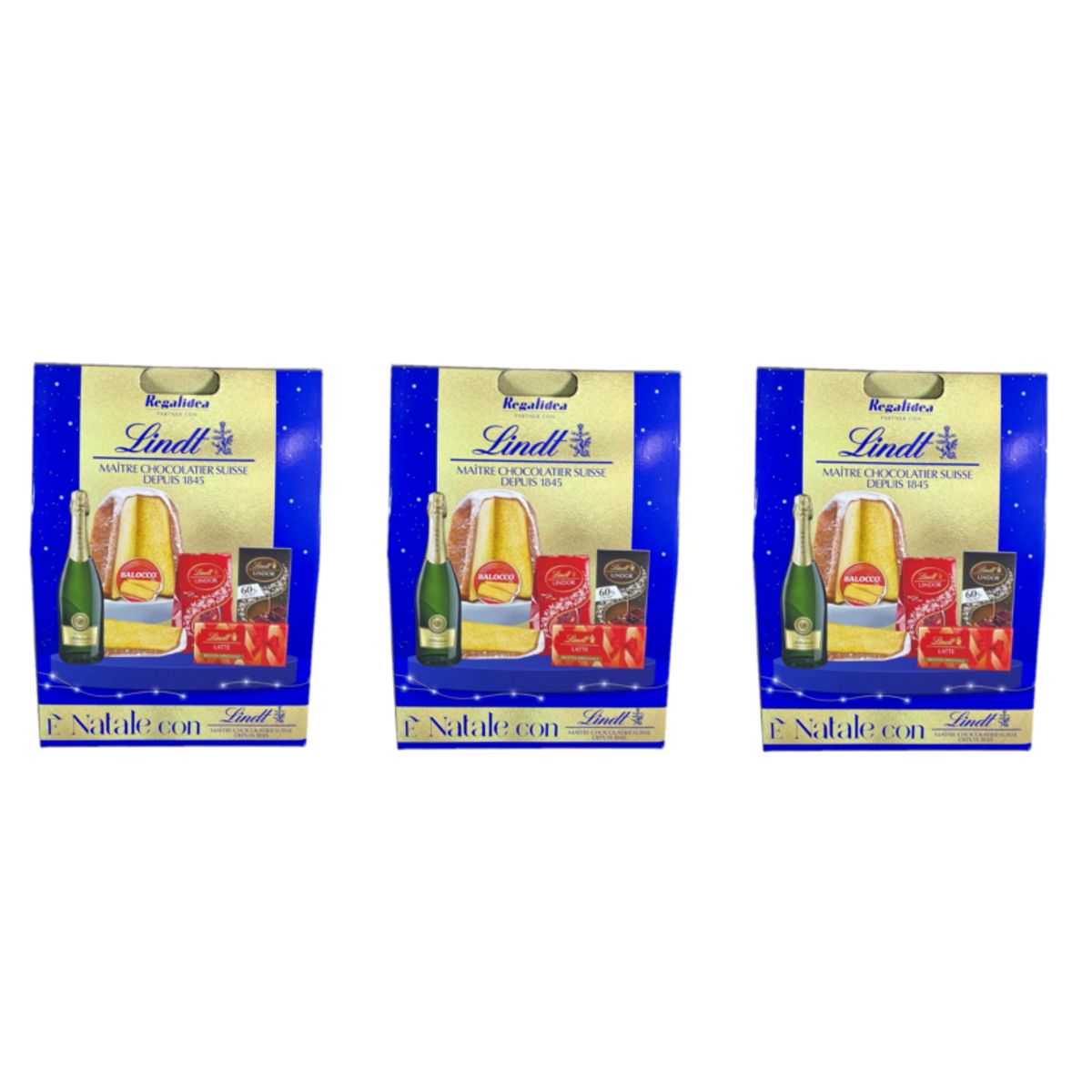 Cesta navideña Lindt “Es Navidad con Lindt” Regalidea – Set de regalo de 5 piezas con Balocco Pandoro, bombones Lindt y vino espumoso italiano - 3 piezas