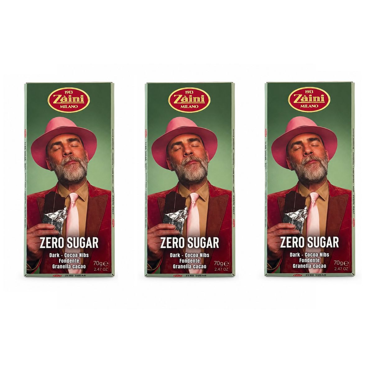 Zaini Zero Sugar Dark Chocolate with Cocoa Nibs 70g - 3 pieces