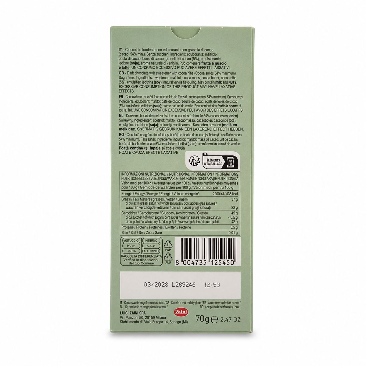 Zaini Zero Sugar Dark Chocolate with Cocoa Nibs 70g