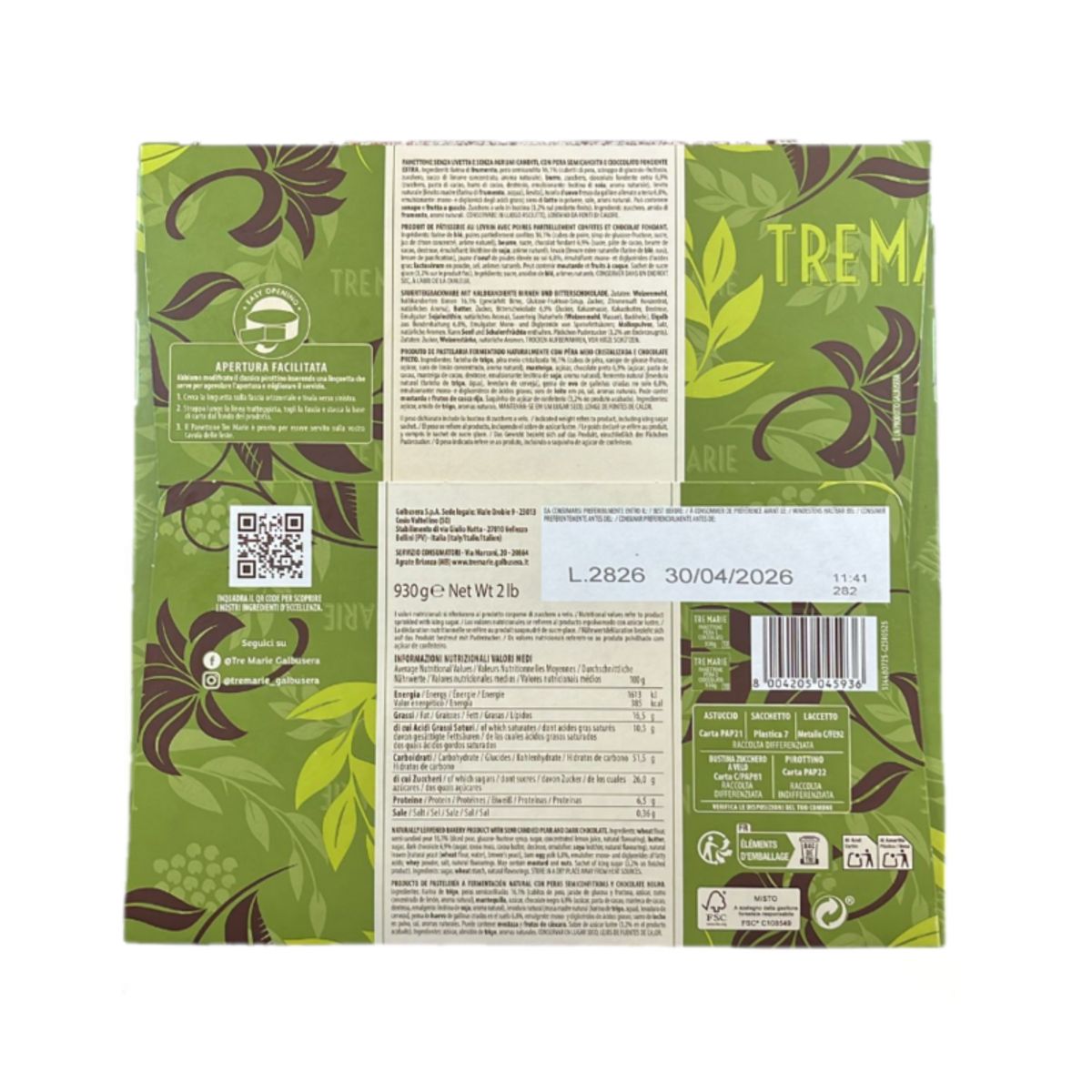 Tre Marie Pear and Chocolate Panettone 930g – Artisanal Panettone with Pear Cubes and Extra Dark Chocolate | Natural Leavening and Authentic Italian Flavor
