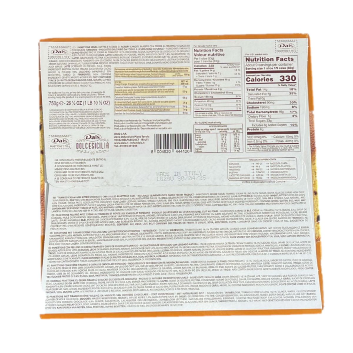 Panettone Tiramisú Dolcesicilia Dais 750g – Con Crema de Tiramisú y Chips de Chocolate Negro – Especialidad Siciliana
