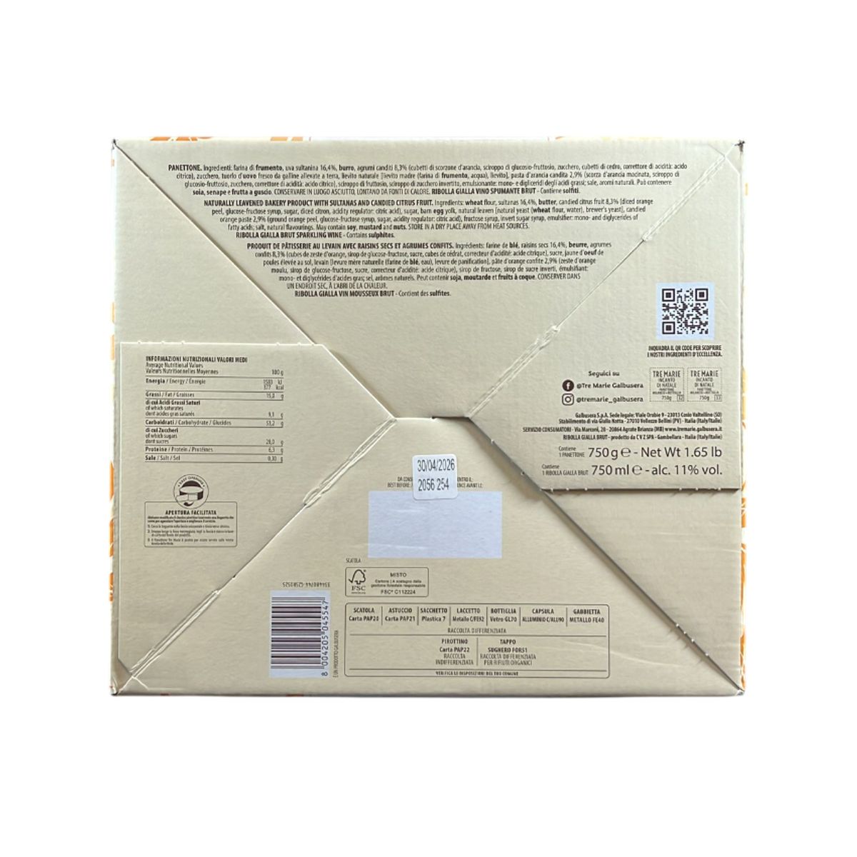 Tre Marie Christmas Charm Panettone 750g with Ca’ Bolani Ribolla Gialla Brut Sparkling Wine