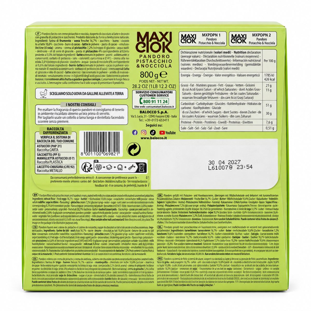 Balocco Pandoro MaxiCiok Pistache et Avellana 800 g | YouDreamItalie