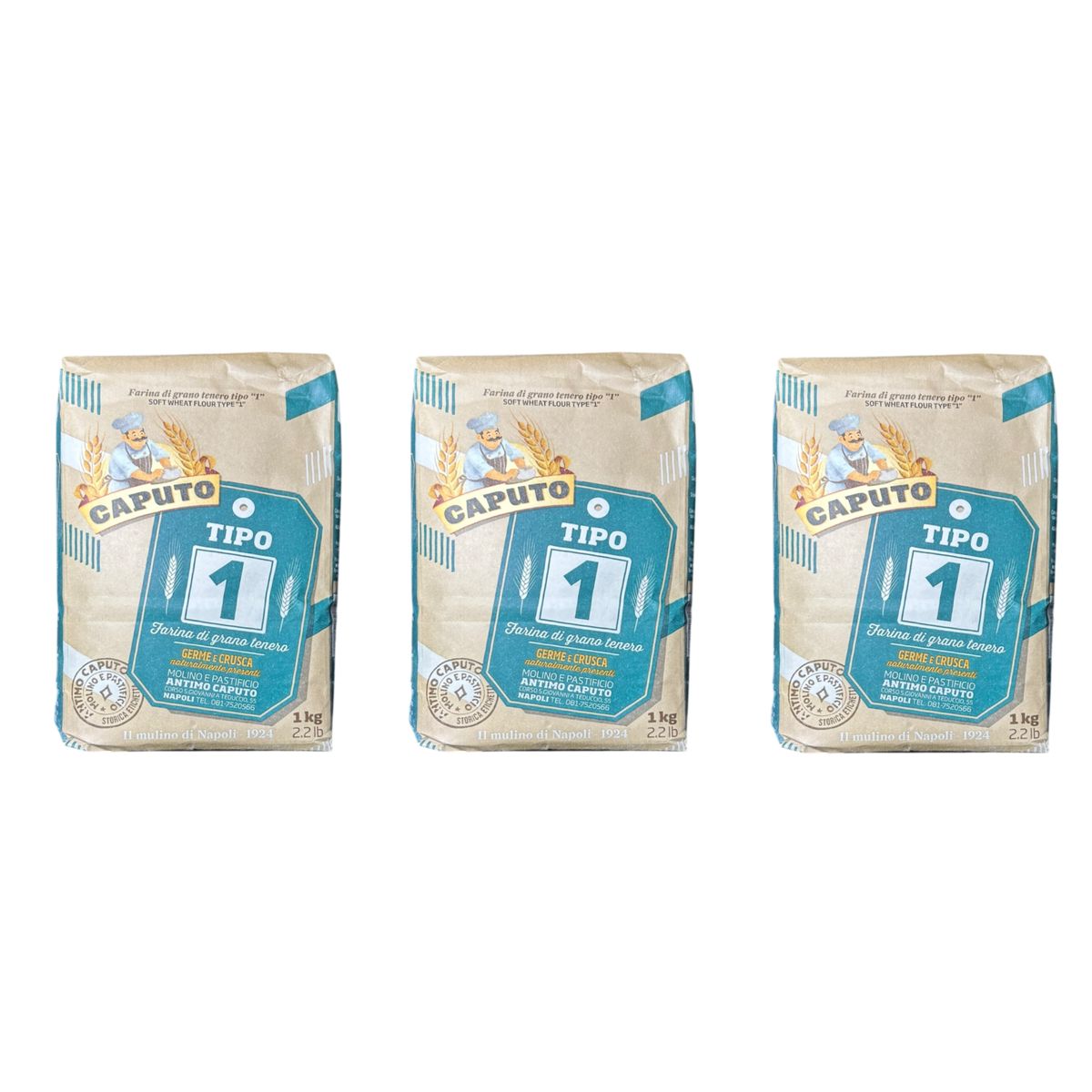 Caputo Farina di Grano Tenero Tipo 1 con Germe e Crusca Naturali 1 Kg - 3 pezzi
