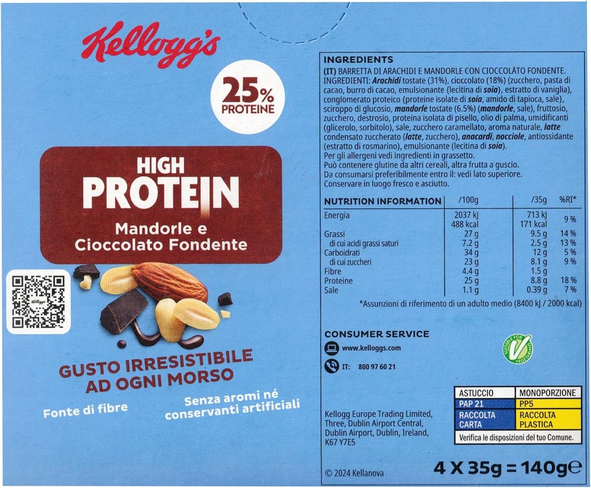Kellogg's High Protein 25% Mandorle e Cioccolato Fondente 4 x 35 Gr.
