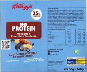Kellogg's High Protein 25% Mandorle e Cioccolato Fondente 4 x 35  Gr._1
