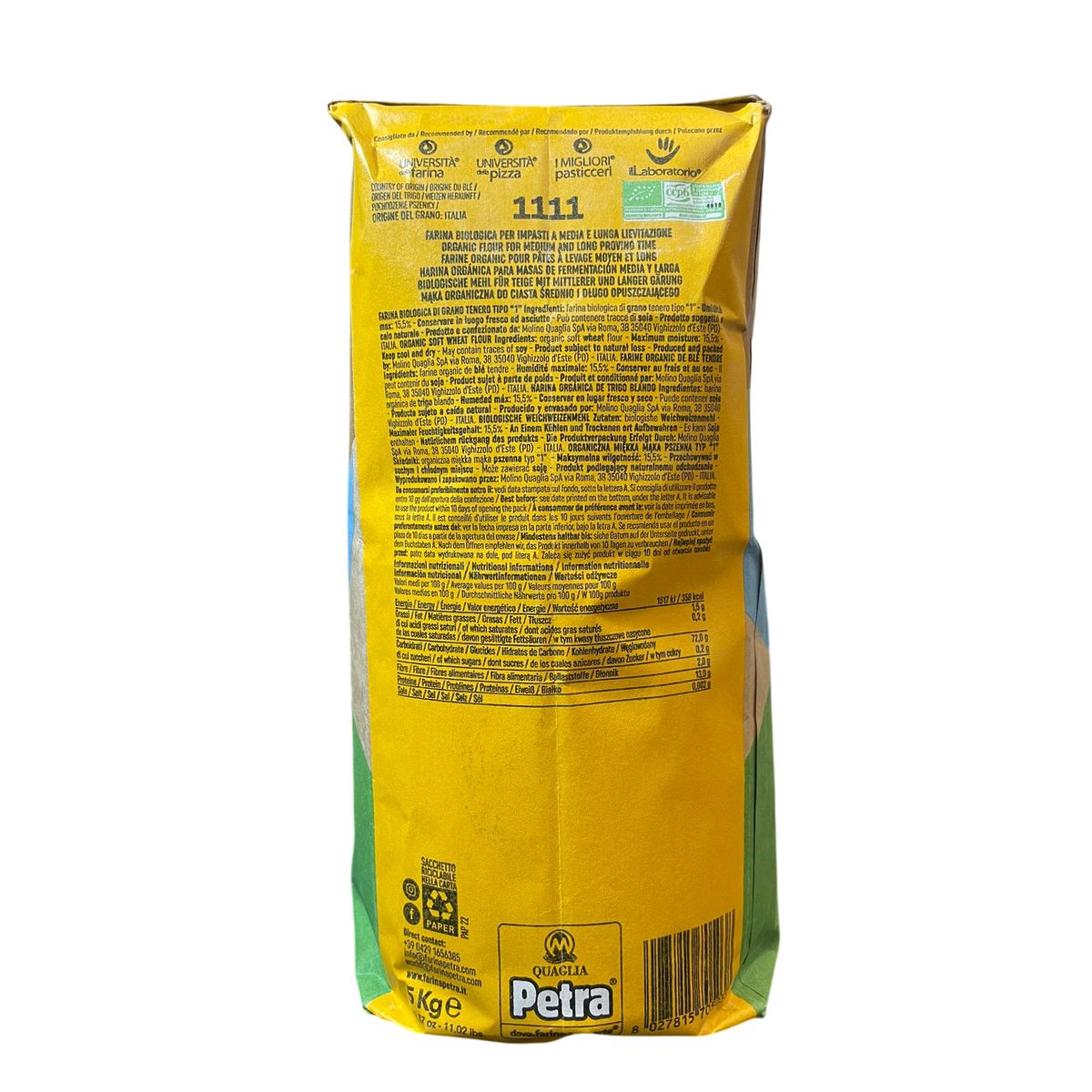 Harina de trigo blando orgánica Molino Quaglia Petra 1111 Tipo "1" 5 kg