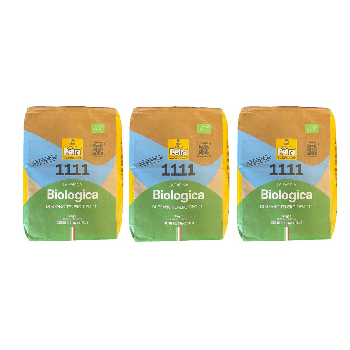 Harina de trigo blando orgánica Molino Quaglia Petra 1111 Tipo "1" 5 kg - 3 piezas