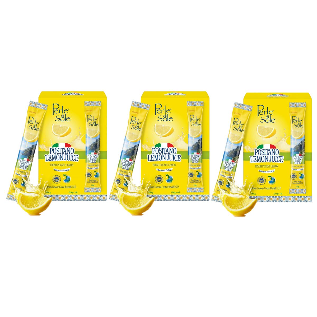 Perle Di Sole Jus de Citron « Limone Costa d'Amalfi IGP » 14 Sticks x 20 ml - 3 pièces