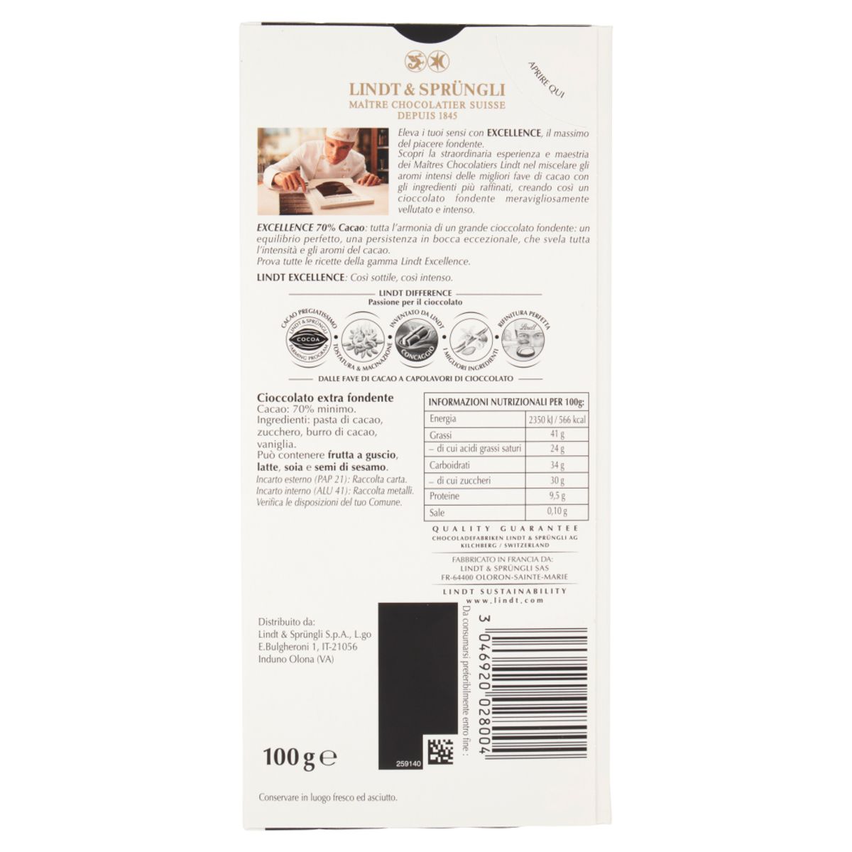 Lindt Excellence Tavoletta Cioccolato Fondente 70% 100 Gr.