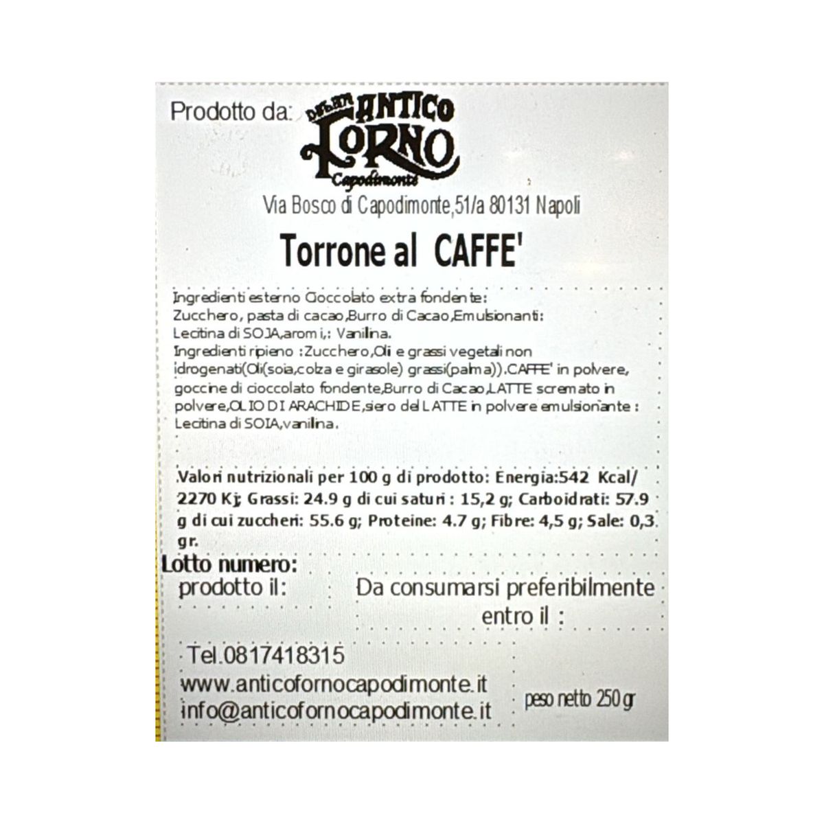 Antico Forno Torrone dei Morti al Caffè 250g – Postre Napolitano de Chocolate Negro con Crema de Café | Especialidad Artesanal Made in Italy