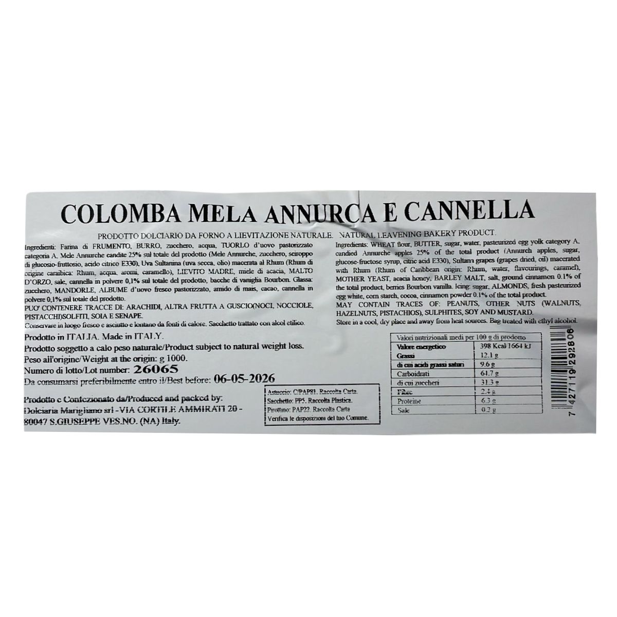 iMarigliano Artisan Colomba with Annurca Apple and Cinnamon 1 kg