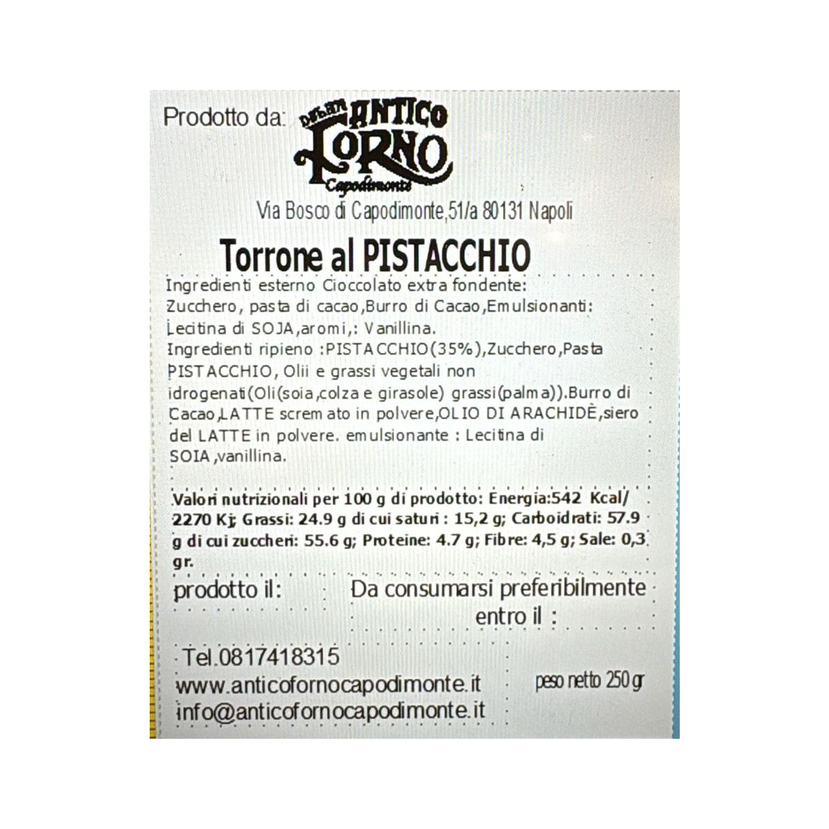 Antico Forno Torrone dei Morti con Pistacho 250g – Postre Tradicional Napolitano de Chocolate y Pistacho | Especialidad Artesanal Made in Italy