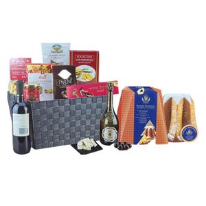 Mosaico di Bontà” Italian Gift Basket 11 Items – With Wine, Sparkling Wine, Pandoro, Sweets & Gourmet Specialties