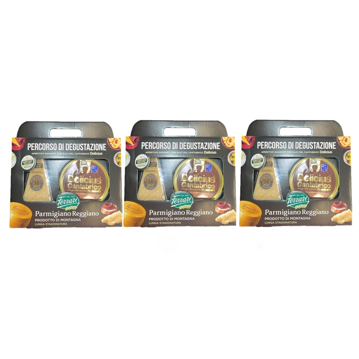 Queso Parmigiano Reggiano Ferrari curado durante más de 36 meses, 400 g, con deliciosos filetes de anchoa del Cantábrico, 90 g – Degustación gourmet de la excelencia italiana – 3 piezas