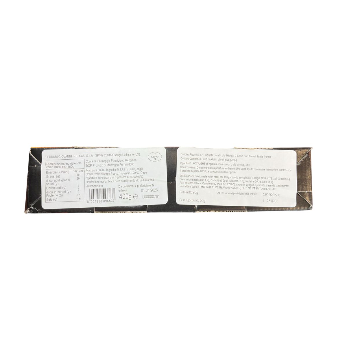 Queso Parmigiano Reggiano Ferrari curado durante más de 36 meses 400 g con deliciosos filetes de anchoa del Cantábrico 90 g – Degustación gourmet de la excelencia italiana