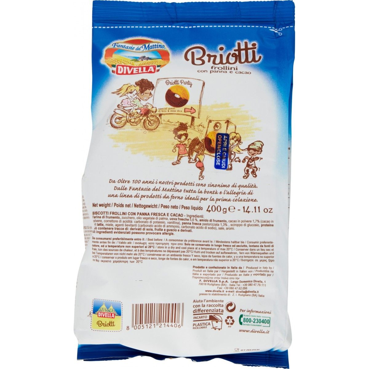 Divella biscuits briotti cocoa cream 400 Gr.