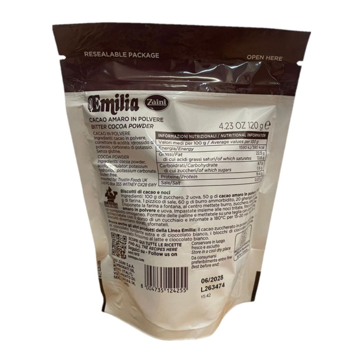 Emilia Zaini Bitter Cocoa 120g – Resealable Bag, Pure and Gluten-Free for Desserts and Gourmet Recipes
