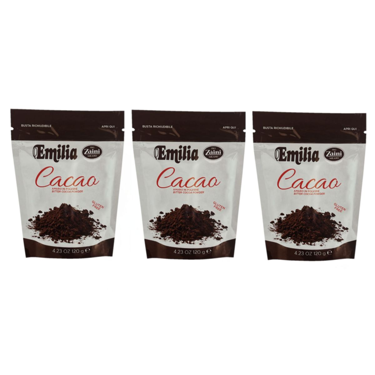 Emilia Zaini Bitter Cocoa 120g – Resealable Bag, Pure and Gluten-Free for Desserts and Gourmet Recipes - 3 Pieces