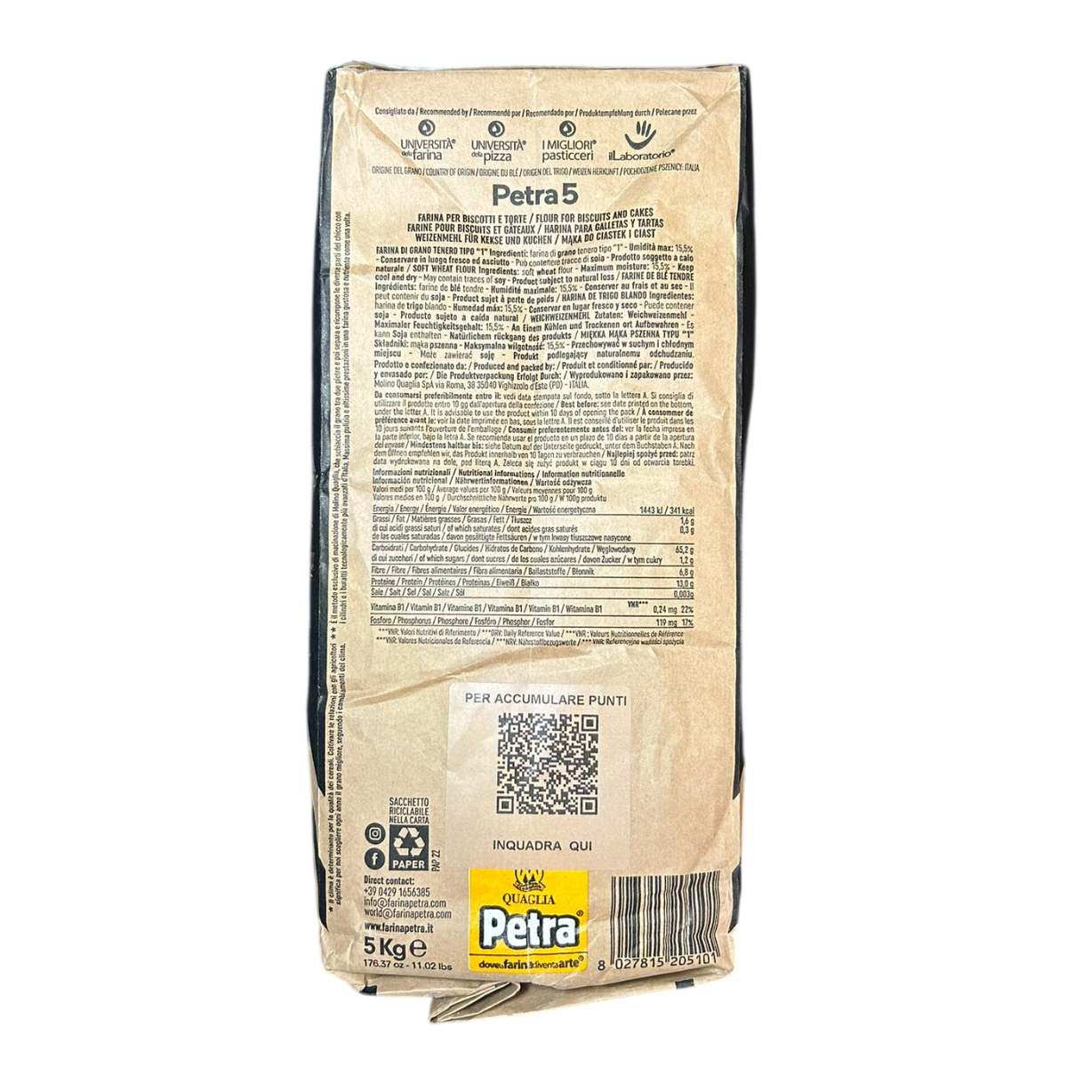 Harina Molino Quaglia Petra 5 para galletas y pasteles, 5 kg