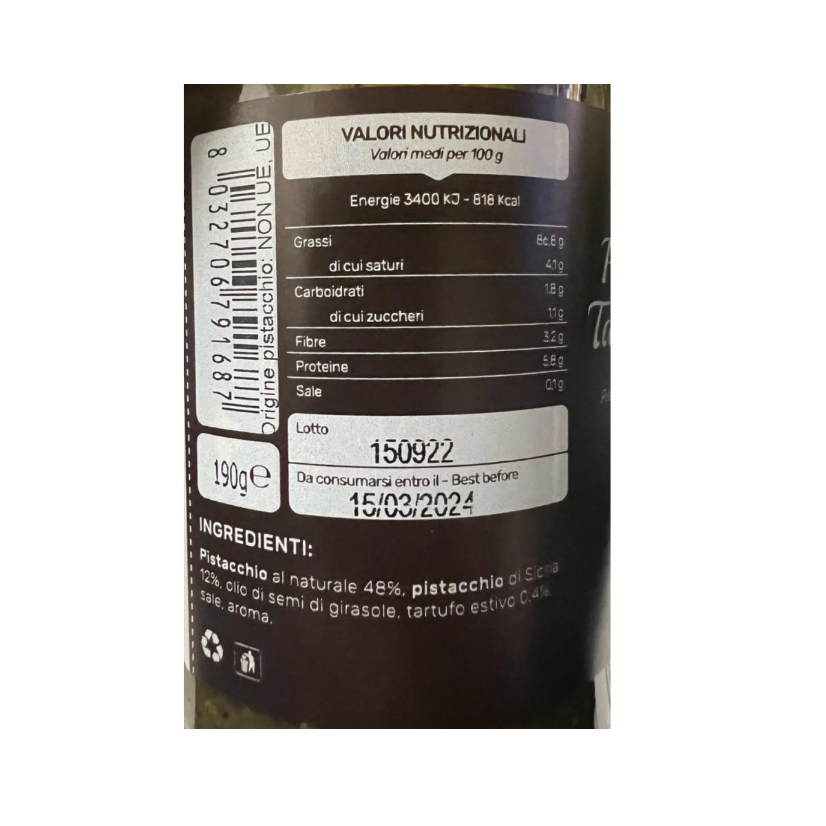 Pesto de pistacho y trufa de verano sabor Etna 190 gr.