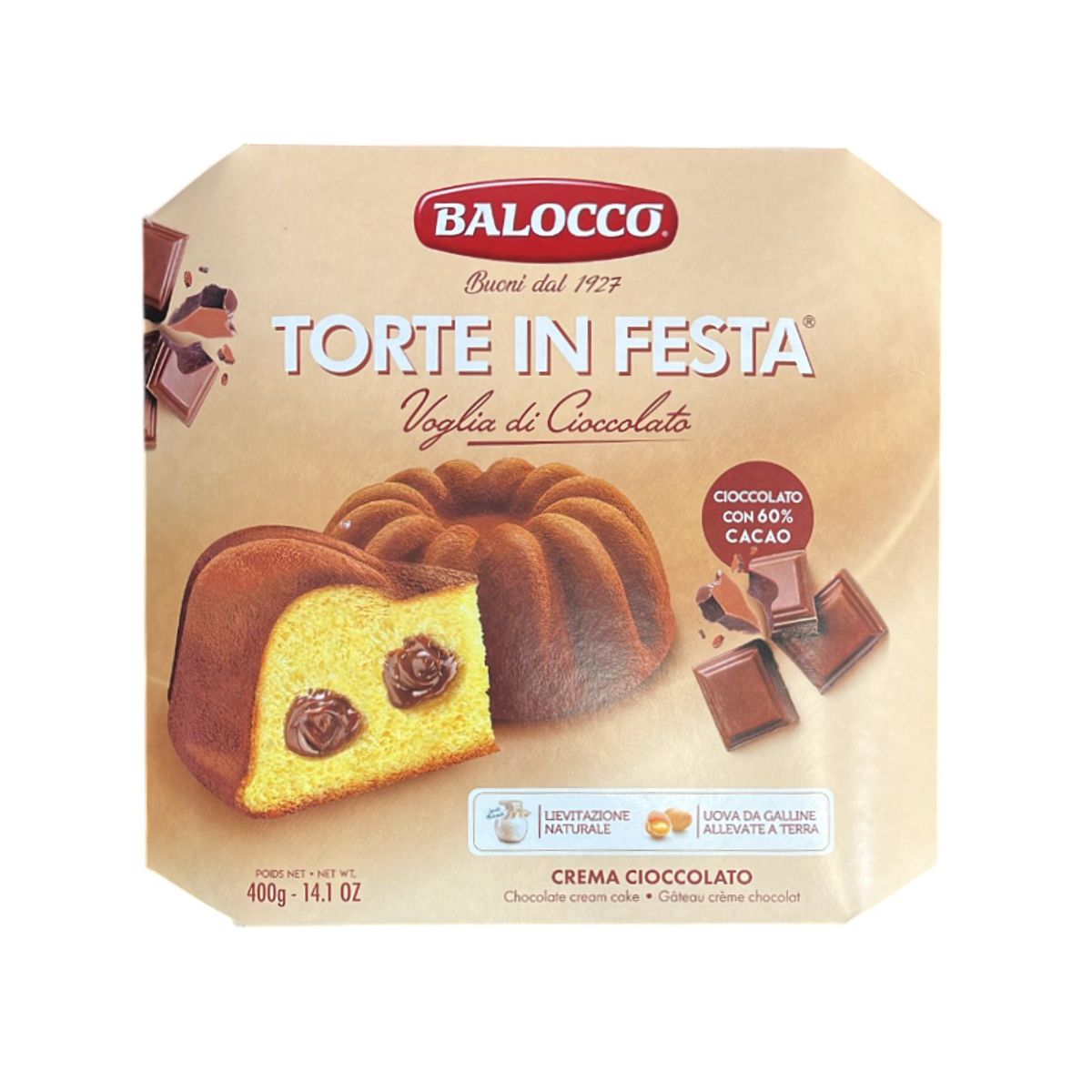 Torta Balocco en Festa Cioccolato 400g – Pastel Suave Relleno de Crema de Chocolate, Postre Tradicional Italiano Irresistible