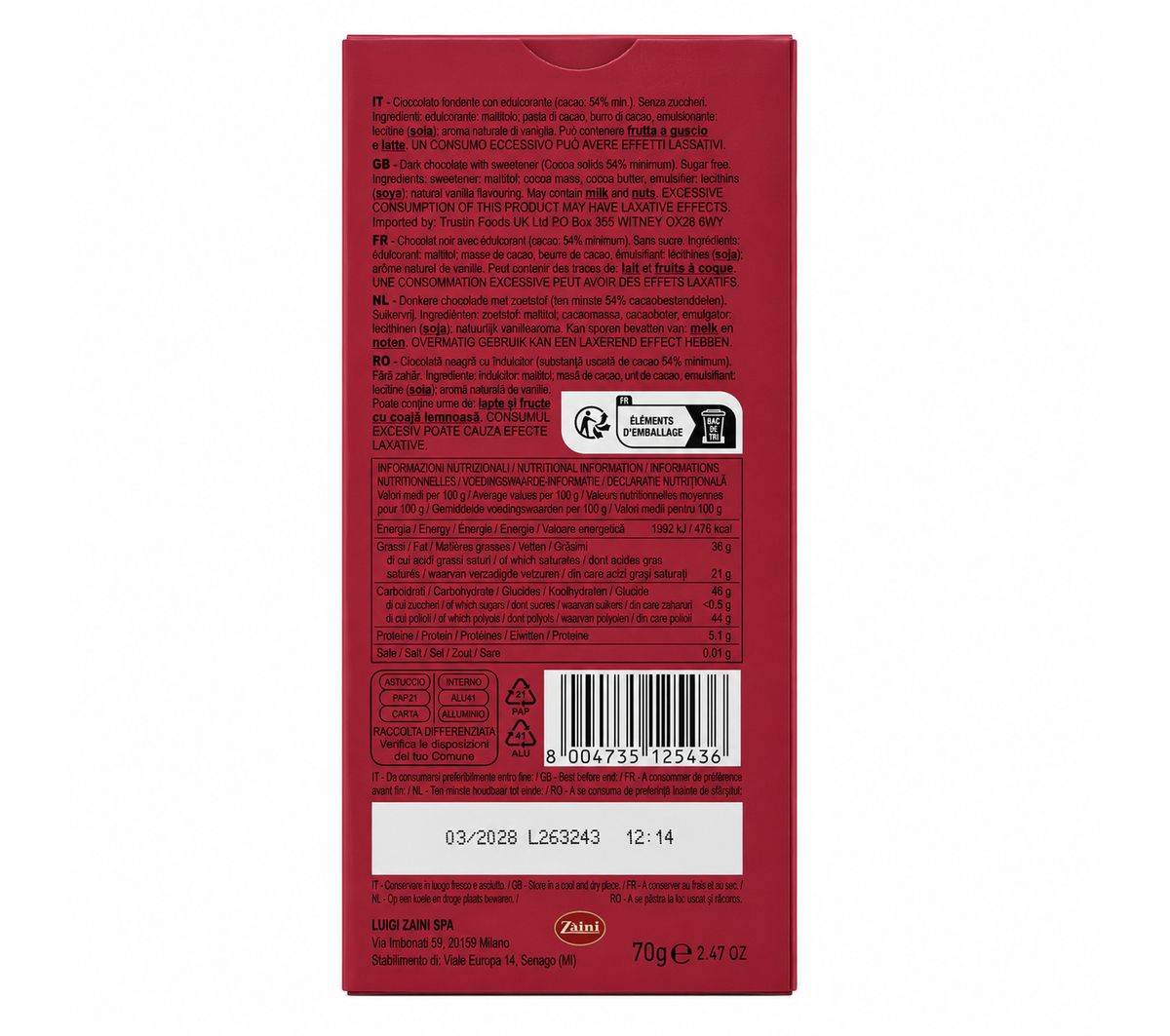 Zaini Zero Sugar Dark Chocolate 70g Sugar Free