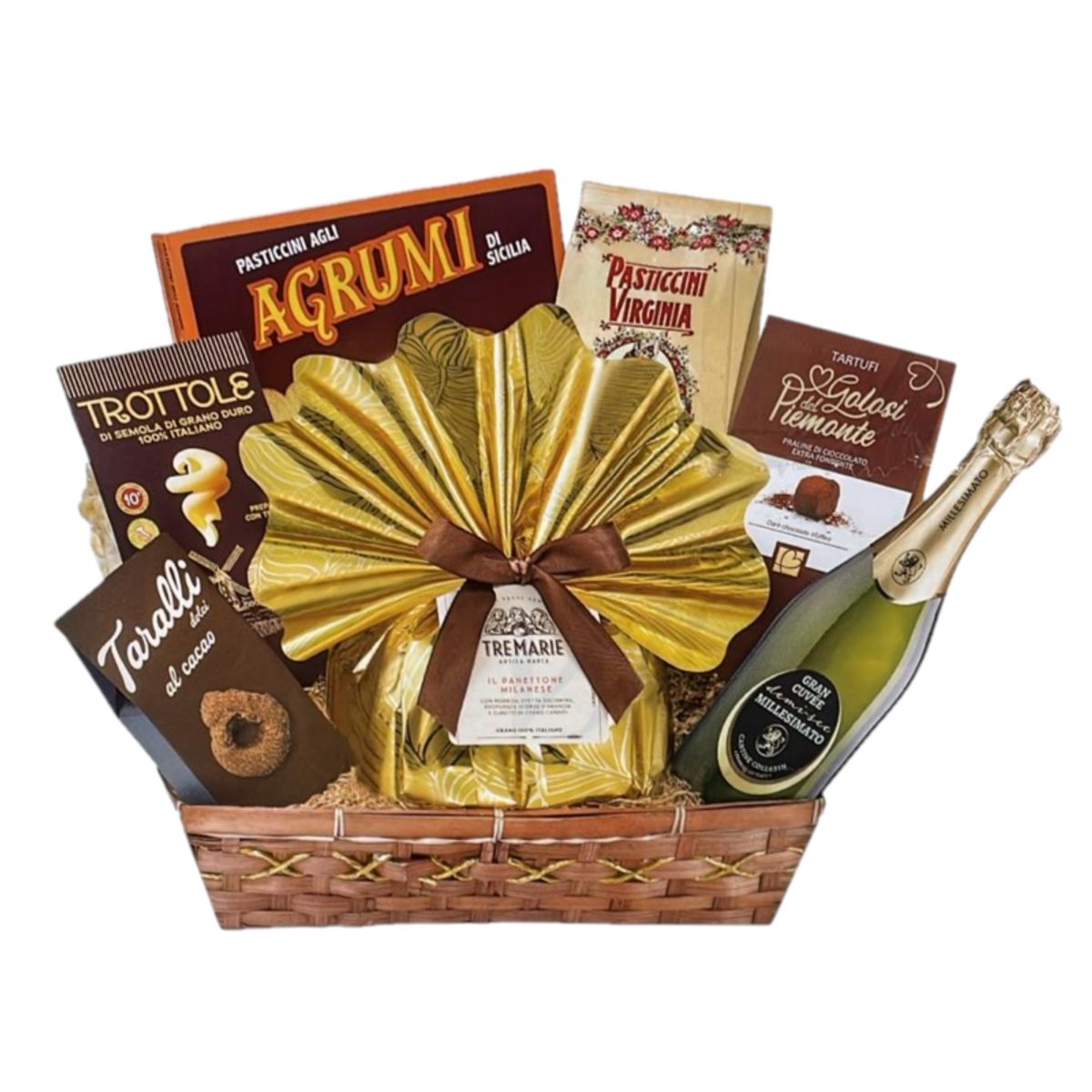 Villa Guelfa „Prince“ Weihnachtsgeschenkkorb – Tre Marie Panettone, Jahrgangs-Sekt, Gebäck, Schokoladentrüffel und italienische Spezialitäten – 8 Premium-Stücke