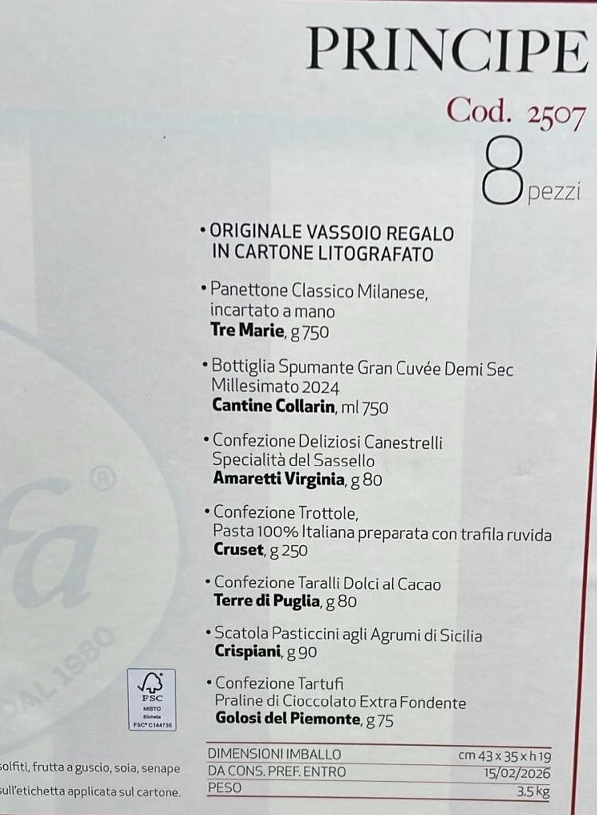 Villa Guelfa „Prince“ Weihnachtsgeschenkkorb – Tre Marie Panettone, Jahrgangs-Sekt, Gebäck, Schokoladentrüffel und italienische Spezialitäten – 8 Premium-Stücke