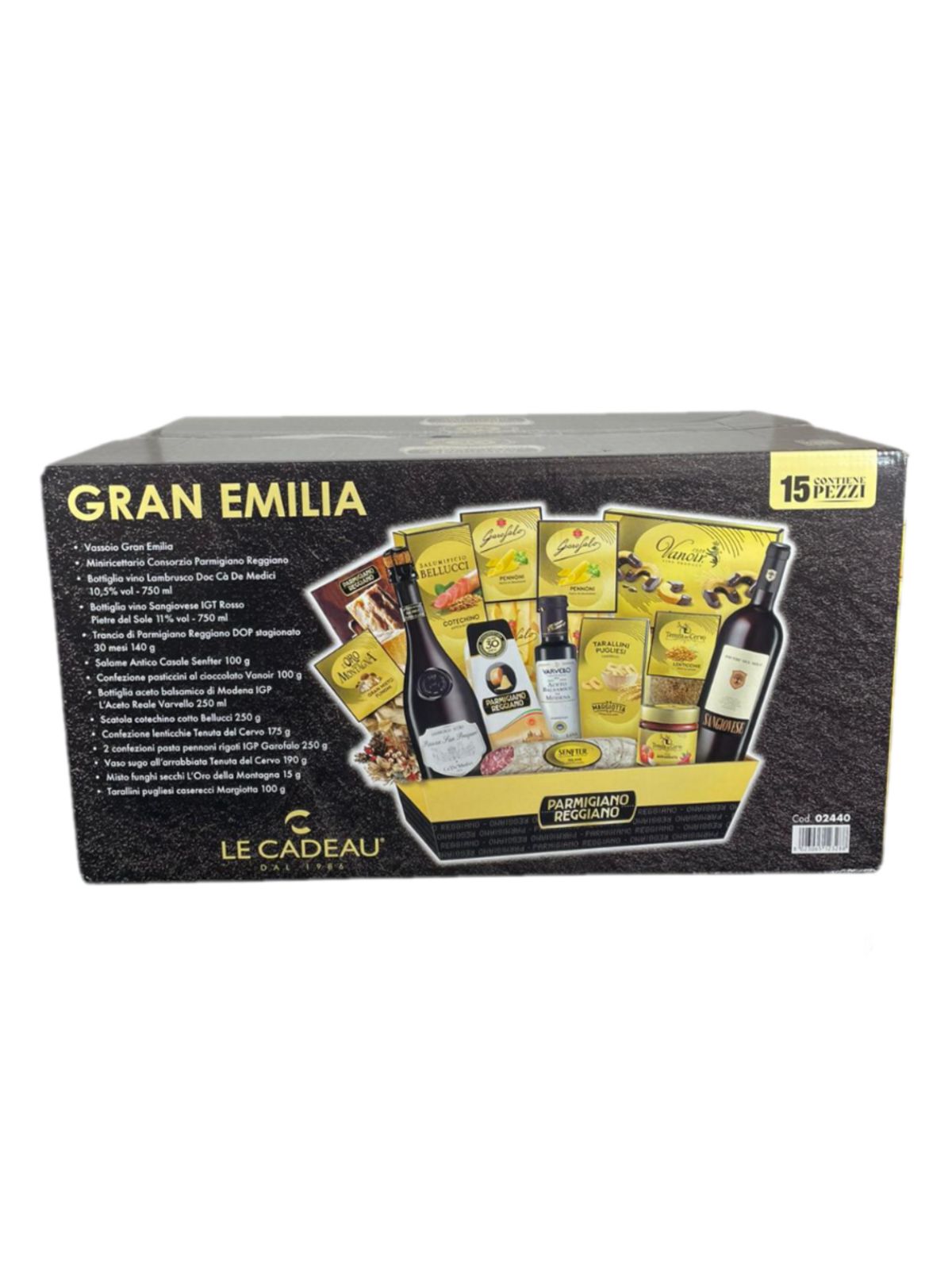Cesto Regalo Gran Emilia Le Cadeau – Selezione Gourmet con Parmigiano Reggiano, Lambrusco, Sangiovese e Specialità Emiliane – 15 Pezzi di Eccellenza Italiana