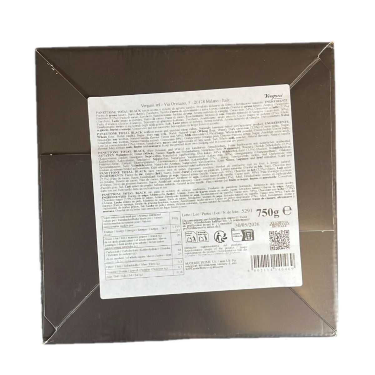 Vergani Total Black Panettone 750g – Dark-pastry panettone with dark chocolate | Elegance and intense flavor, Made in Italy