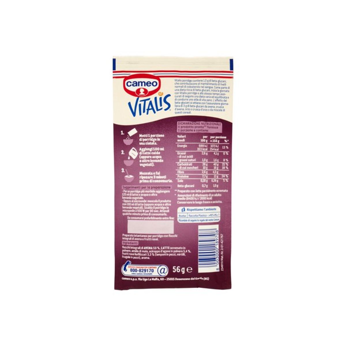 Cameo Vitalis Porridge Frutti Rossi 56 Gr	
