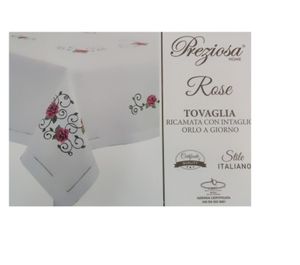 Preziosa home Tovaglia 12 POSTI Art. Rose Ricamato con Intaglio Orlo a Giorno - 150X250 cm_0